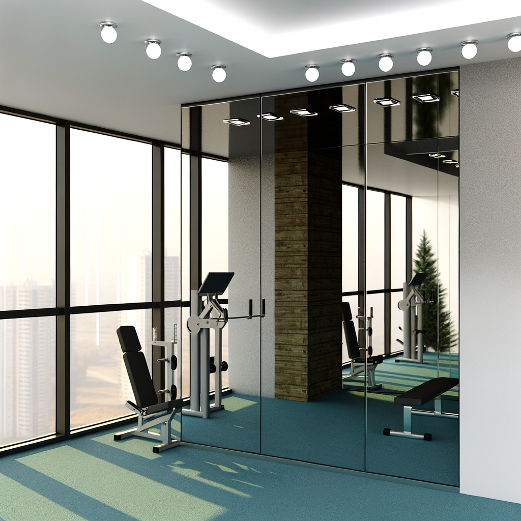=Home gym with mirrors to create an illusion of space and aid in form tracking.