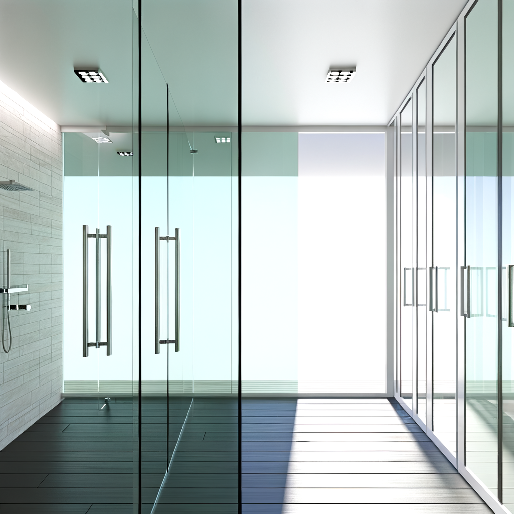 =Modern hinged glass shower doors in a bathroom setting.