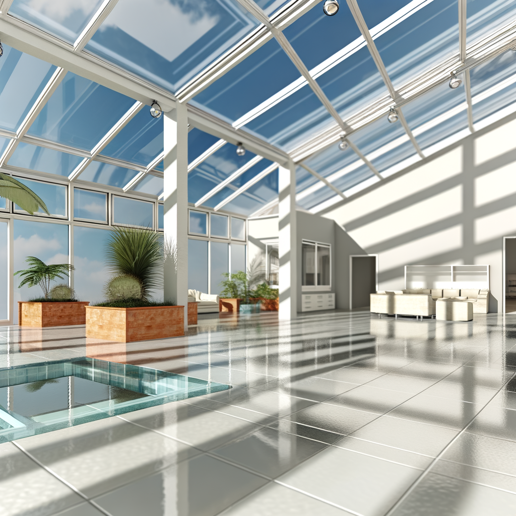=Glass atrium roof panels with natural light streaming into a modern space.
