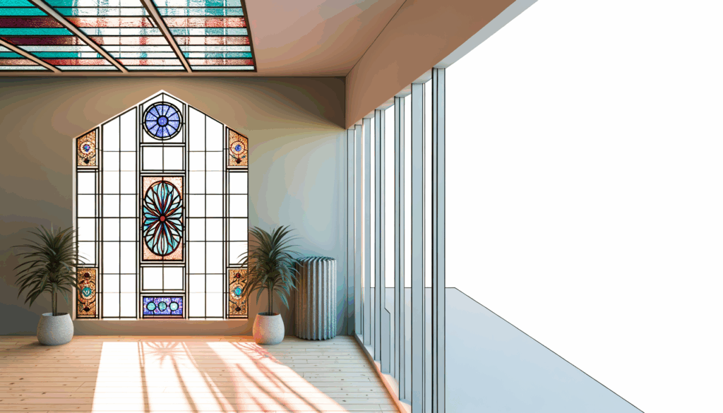 =Stained glass window samples on display in a showroom.