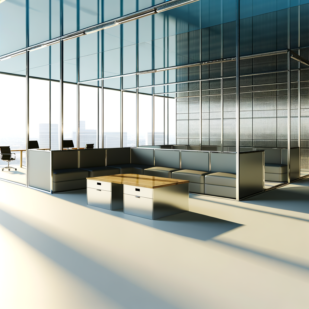 =Glass office cubicles for open, transparent workspace.