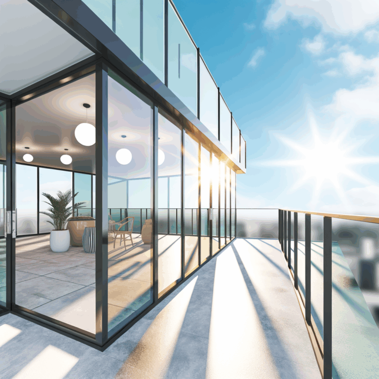 =Glass balcony railing with clear view and modern elegance