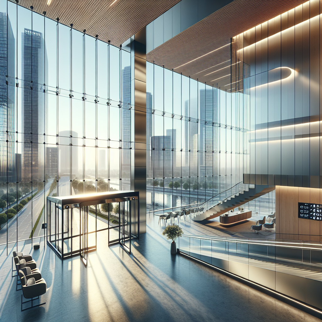 =Automatic sliding glass doors in modern space with abundant natural light and sleek design.