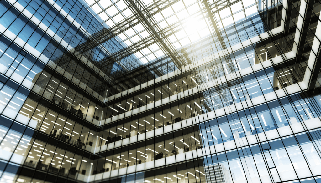 =Office building glass window installation.