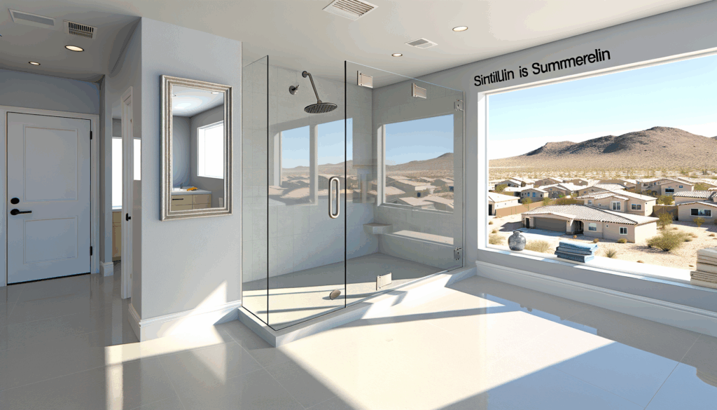 =Pivot glass shower door installation in Summerlin - a modern, sleek bathroom upgrade with minimal wall space requirements.