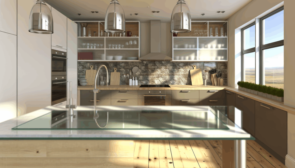 =Glass kitchen countertops in a modern, stylish kitchen with natural lighting.