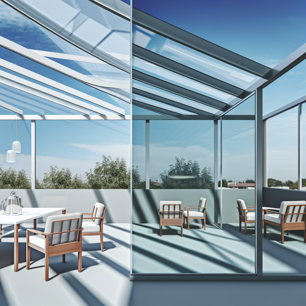 =Glass patio enclosure with open sliding doors overlooking scenic vistas.