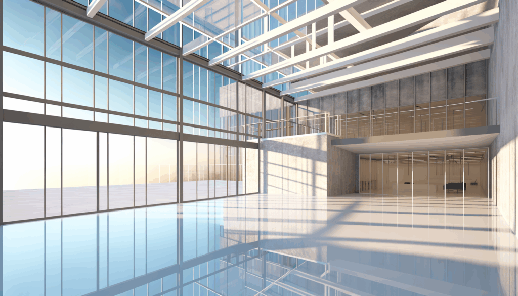 =Modern glass façade with stainless steel spider fittings.