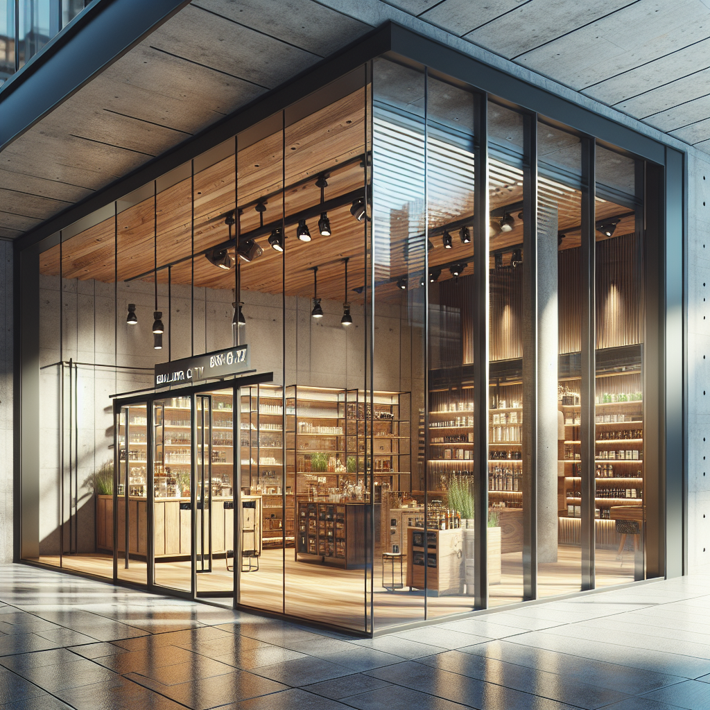 =Retail glass door installation with durable, energy-efficient and visually appealing design.