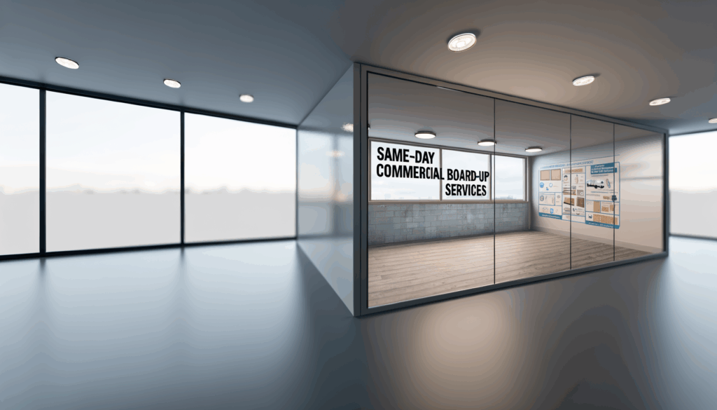 =Commercial property with boarded-up windows and doors.