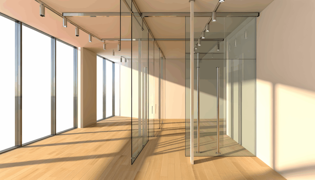 =Custom glass room divider in modern office space with natural light.