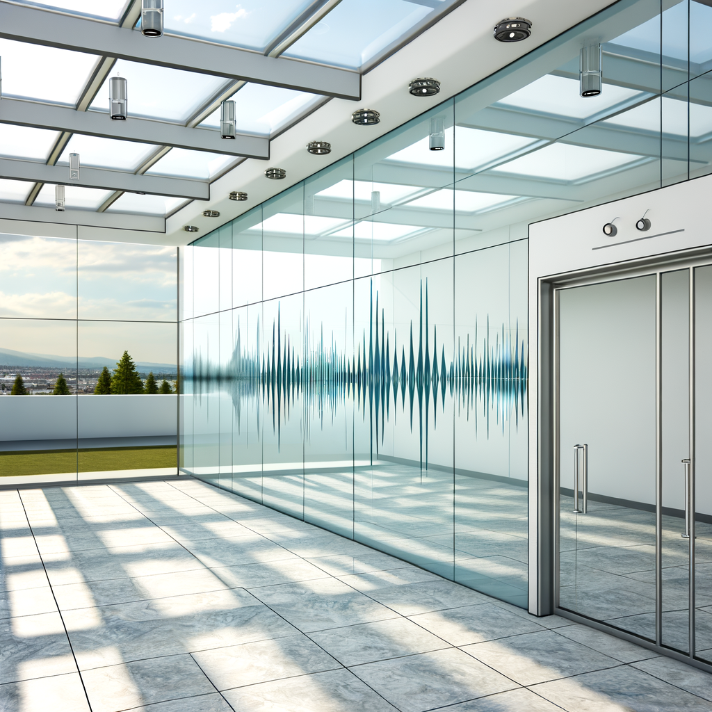 =Soundproof glass wall panels on display in a bright showroom.