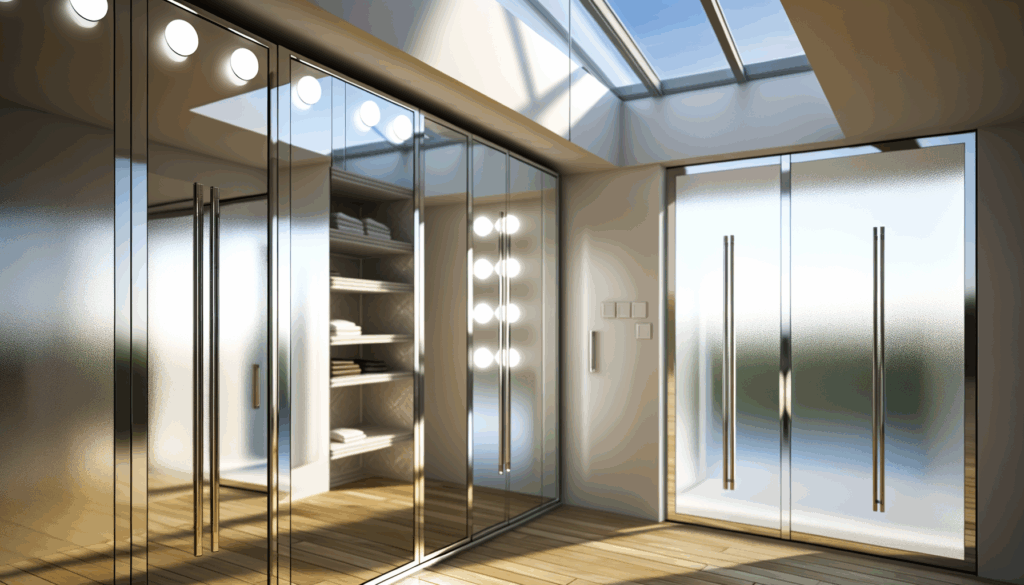 =Glass closet mirror doors in a bright, modern space.