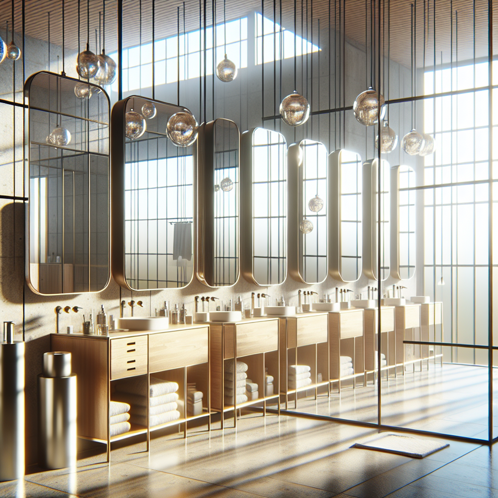 =Mirrored bathroom vanity cabinets in bright, elegant bathroom space.