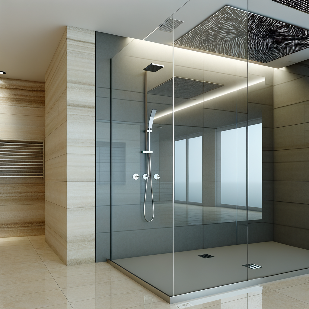 =Tempered glass shower enclosure in a modern bathroom
