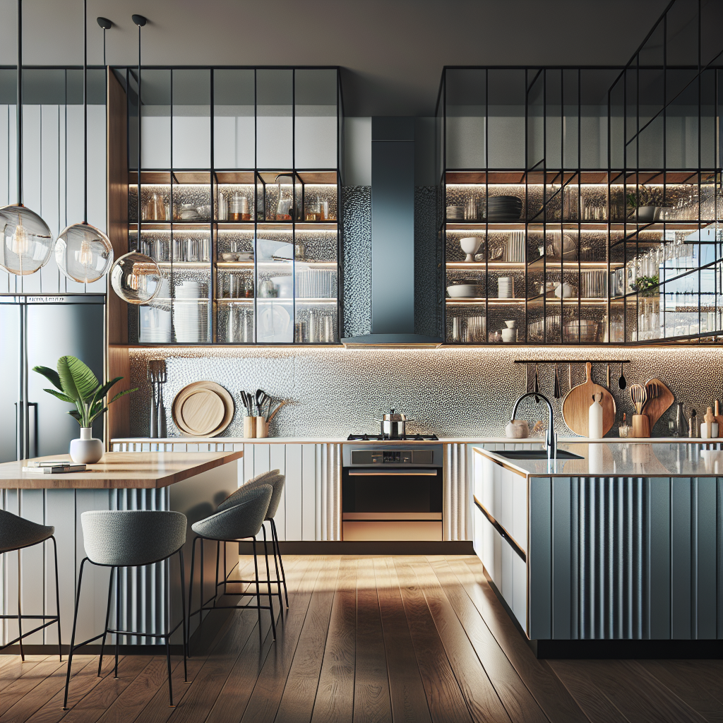 =Glass backsplash panels in a modern kitchen.