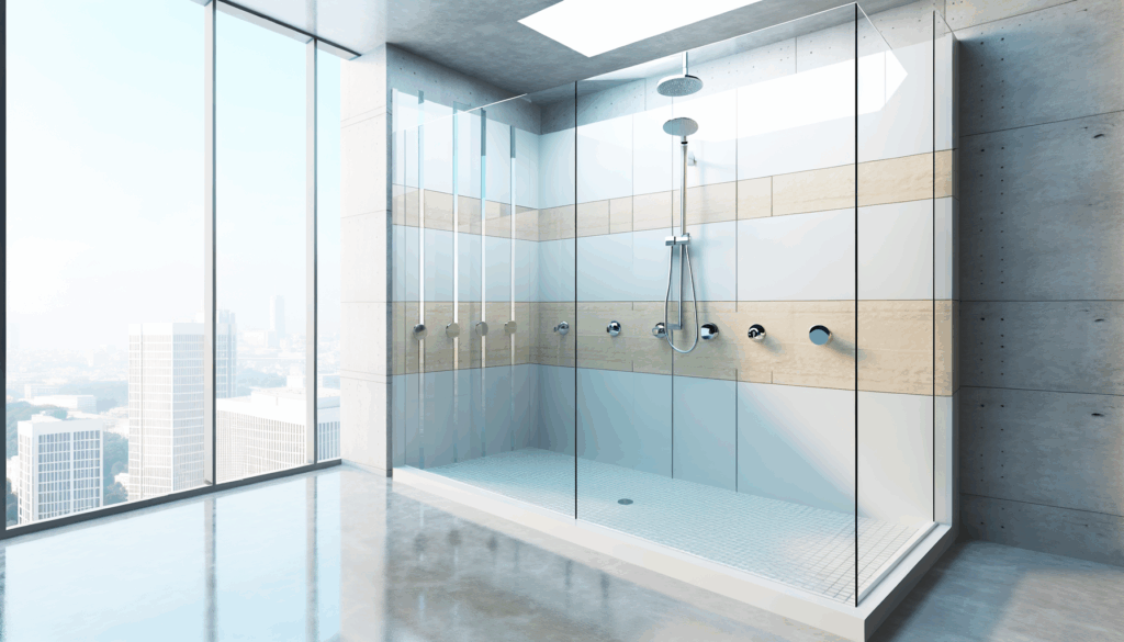 =Custom glass shower niche with toiletries and minimalistic lighting.