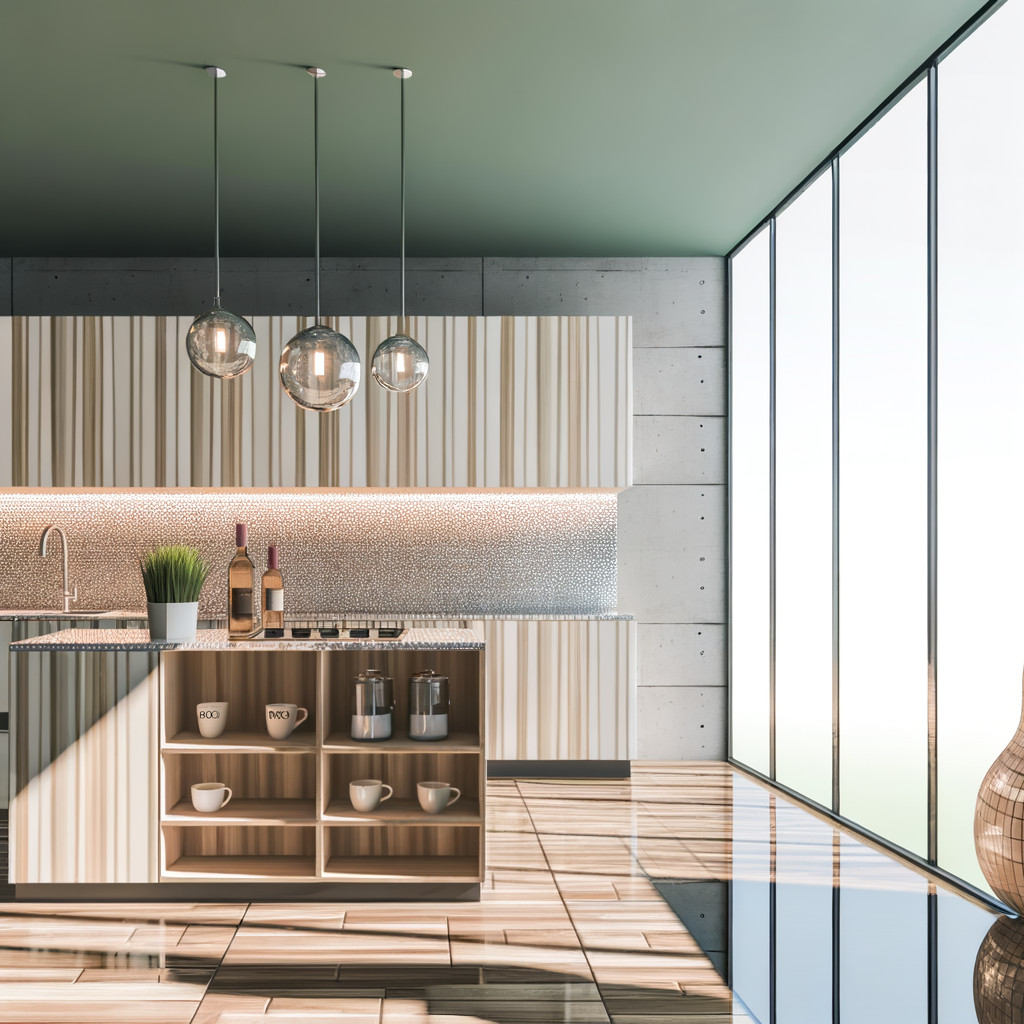 =Glass kitchen countertop with utensils and fruits on display, illuminated by natural light.
