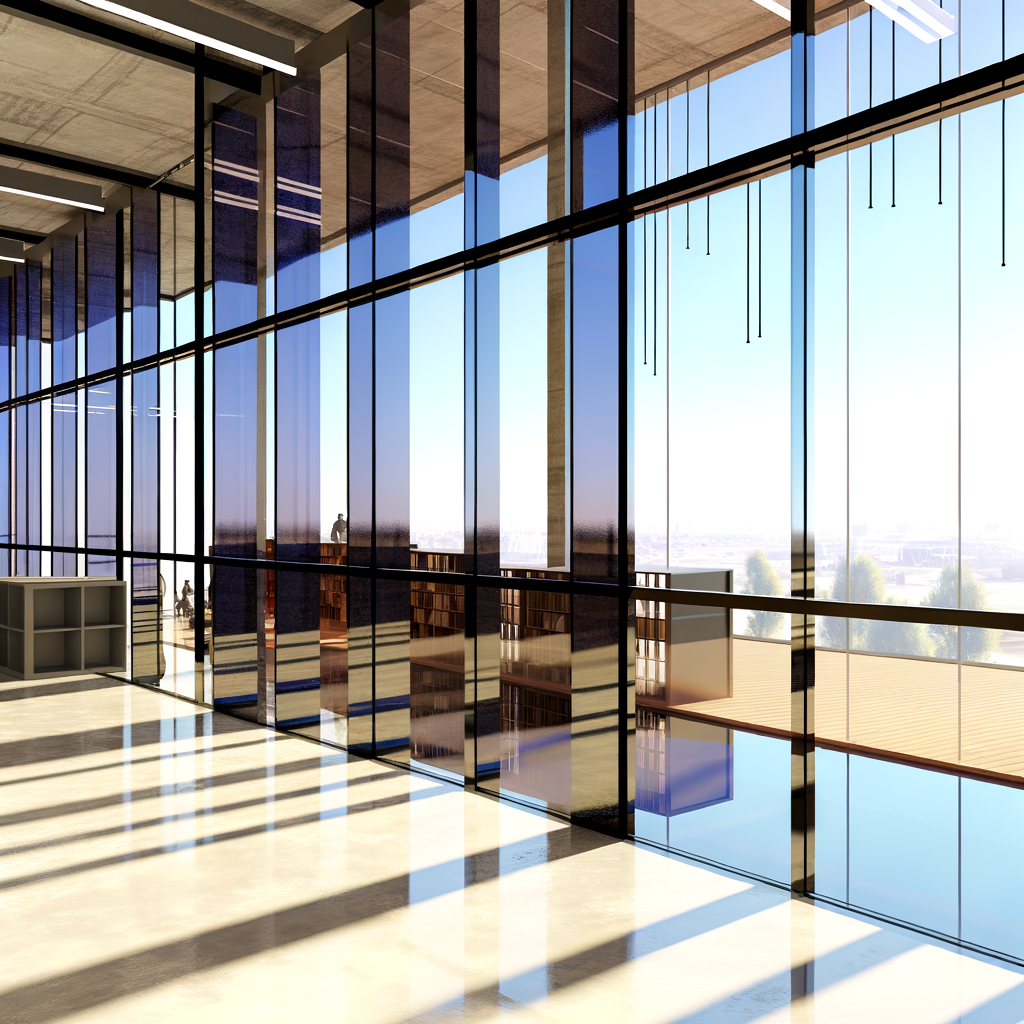 =UV-blocking glass window with sunlight coming through, showing a room's interior with furniture and natural lighting.