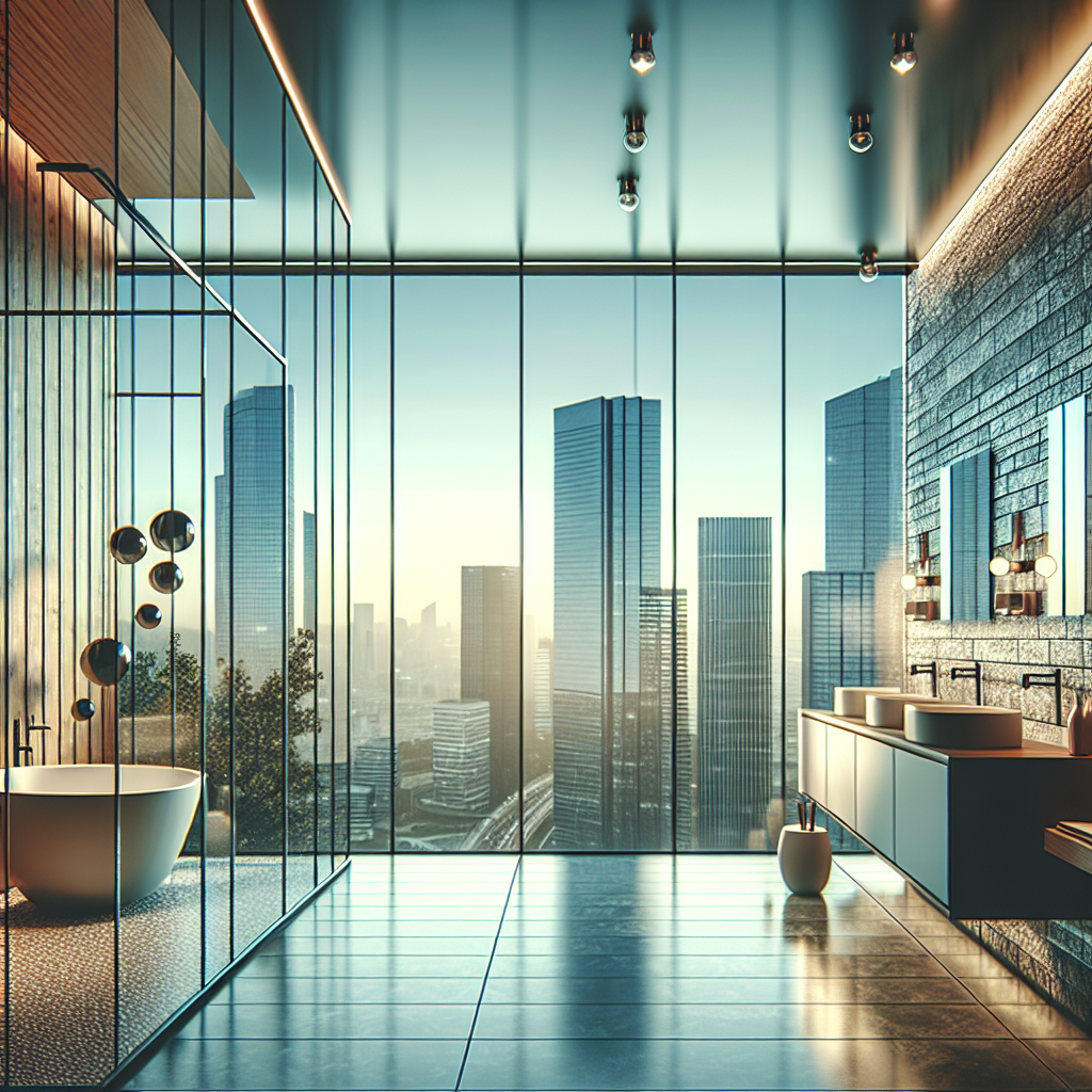 =Modern, sleek bathroom glass partition wall. Allows light, privacy, and easy maintenance.