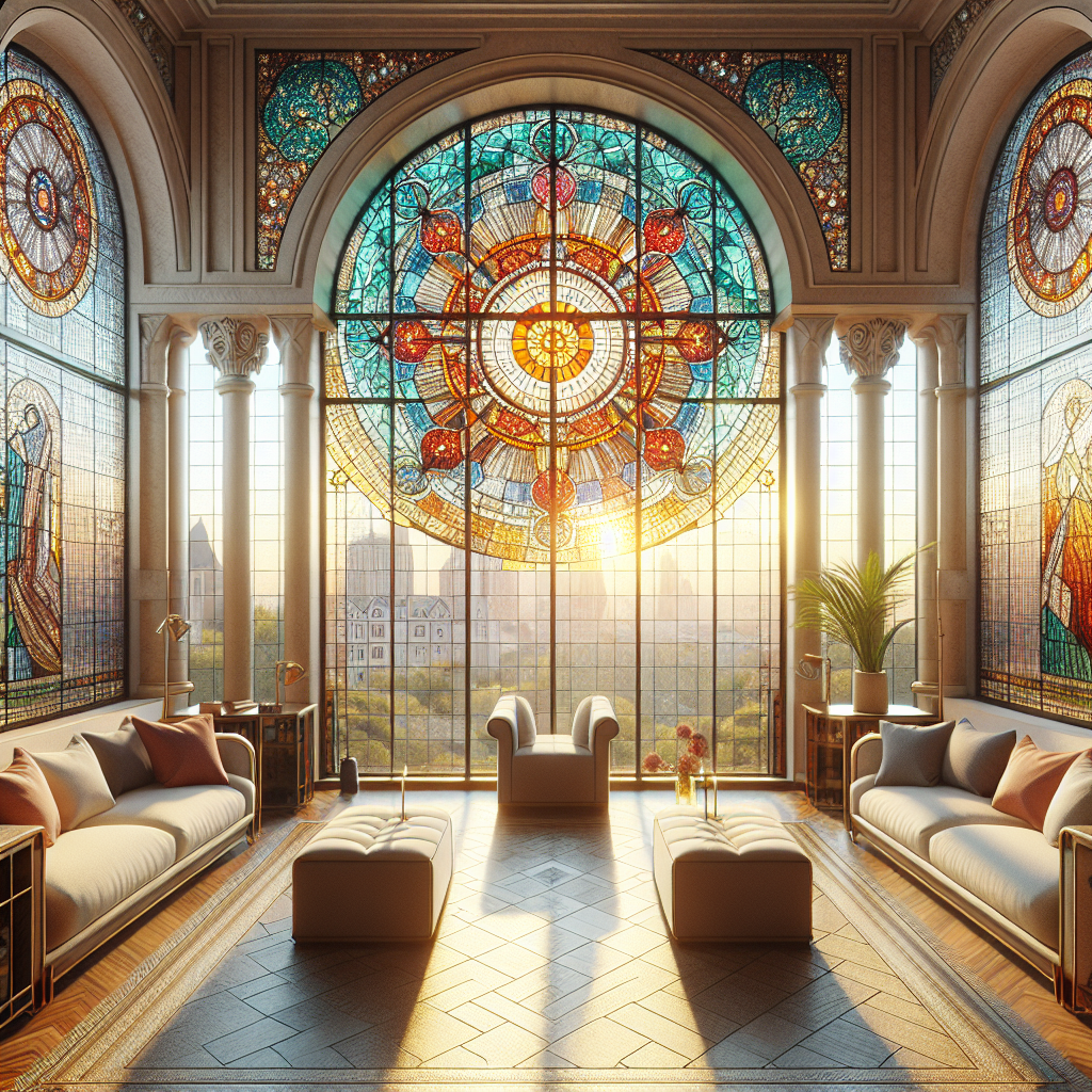 =Stained glass window with colorful geometric pattern.