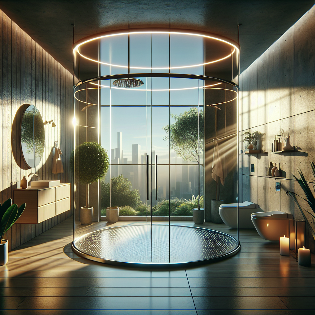 =Elegant tempered glass shower enclosure.