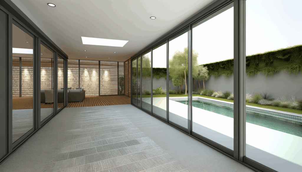 =Glass patio enclosure with outdoor furniture, plants, and natural light.