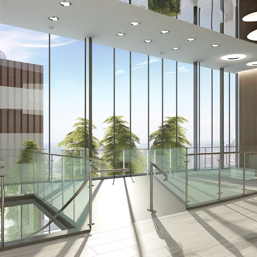 =Glass railings in hotel lobby with open staircase.