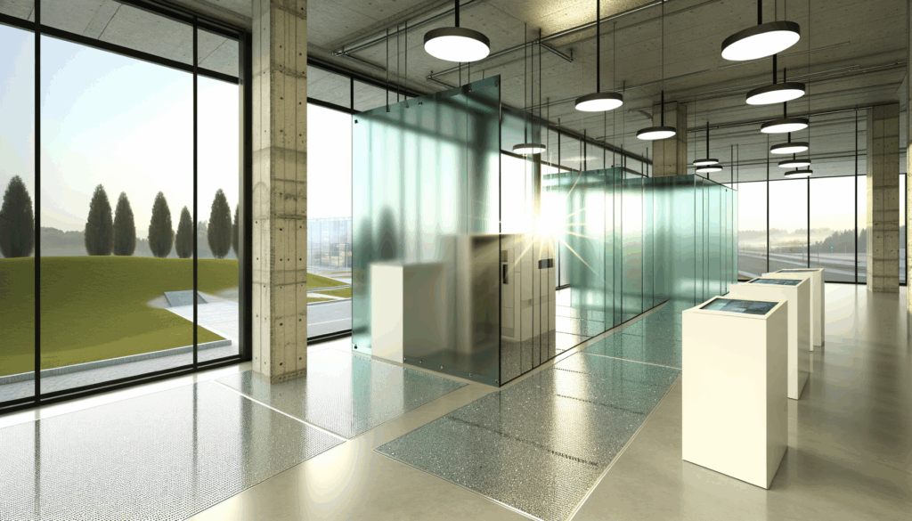 =On-site custom glass cutting process, glass, tools, workers in uniform, precise measurements