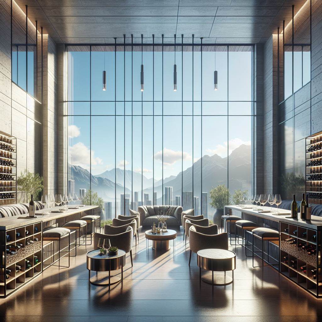 =Glass enclosure with various shapes showcasing wine collections.