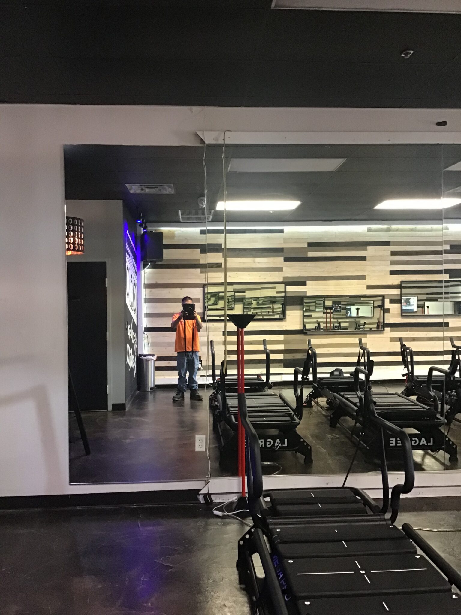 A full-wall mirror in a Las Vegas gym studio
