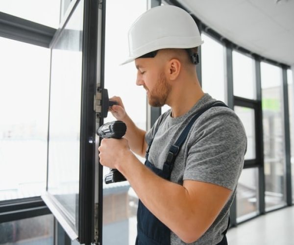 Construction Worker Installing A Window Using A Power Drill, Wearing A Hard Hat And Overalls.