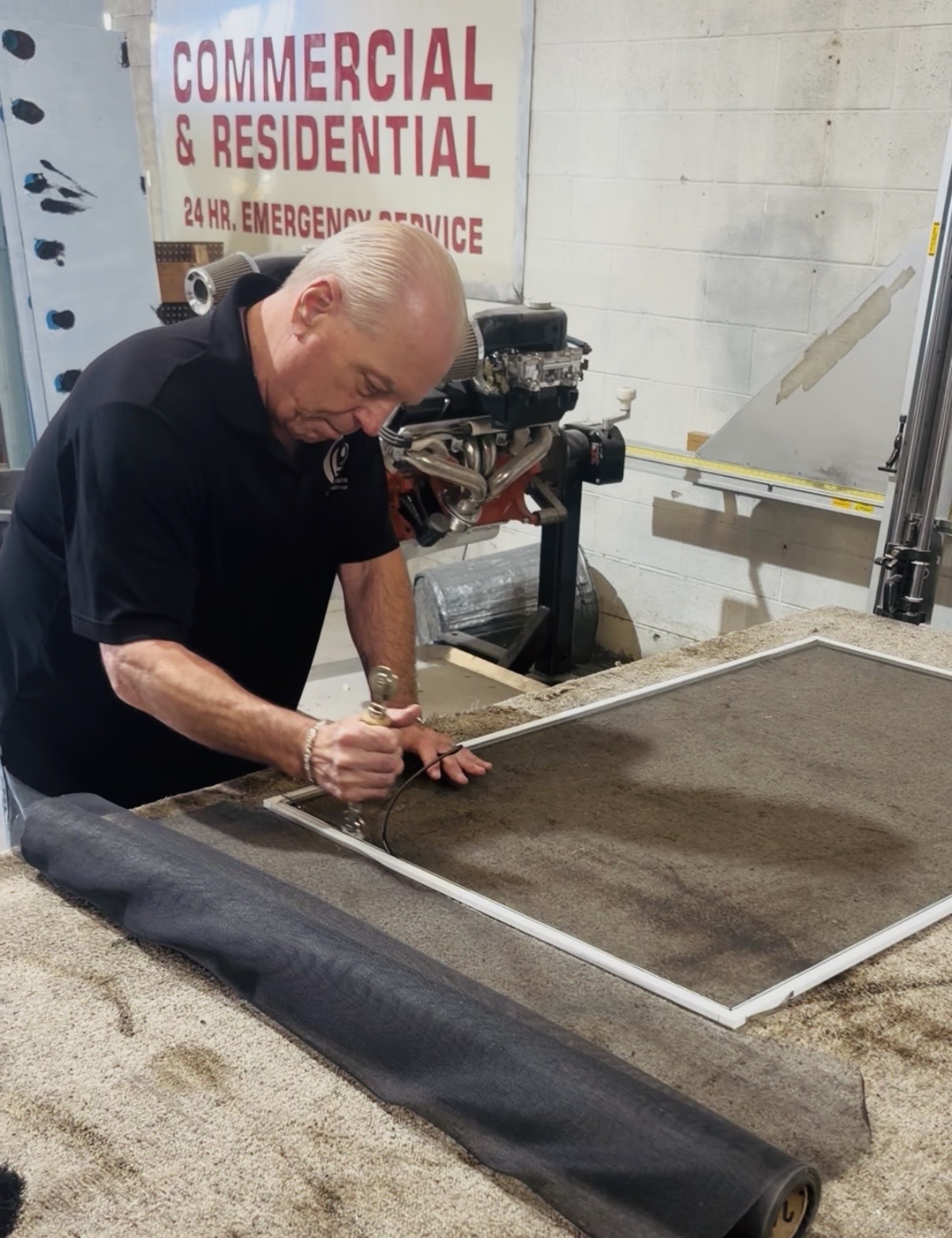 Window Screen Repair & Replacement in Las Vegas 1 A Silver State worker rolling new mesh into a screen frame with a spline tool