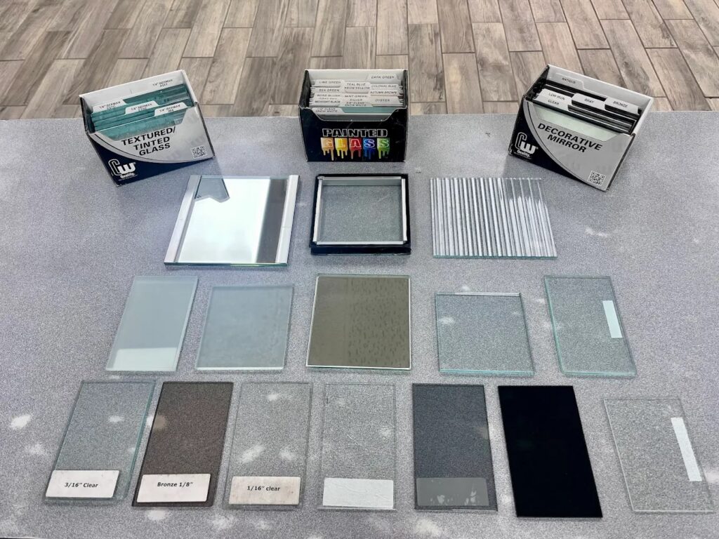 Glass and mirror options in our showroom